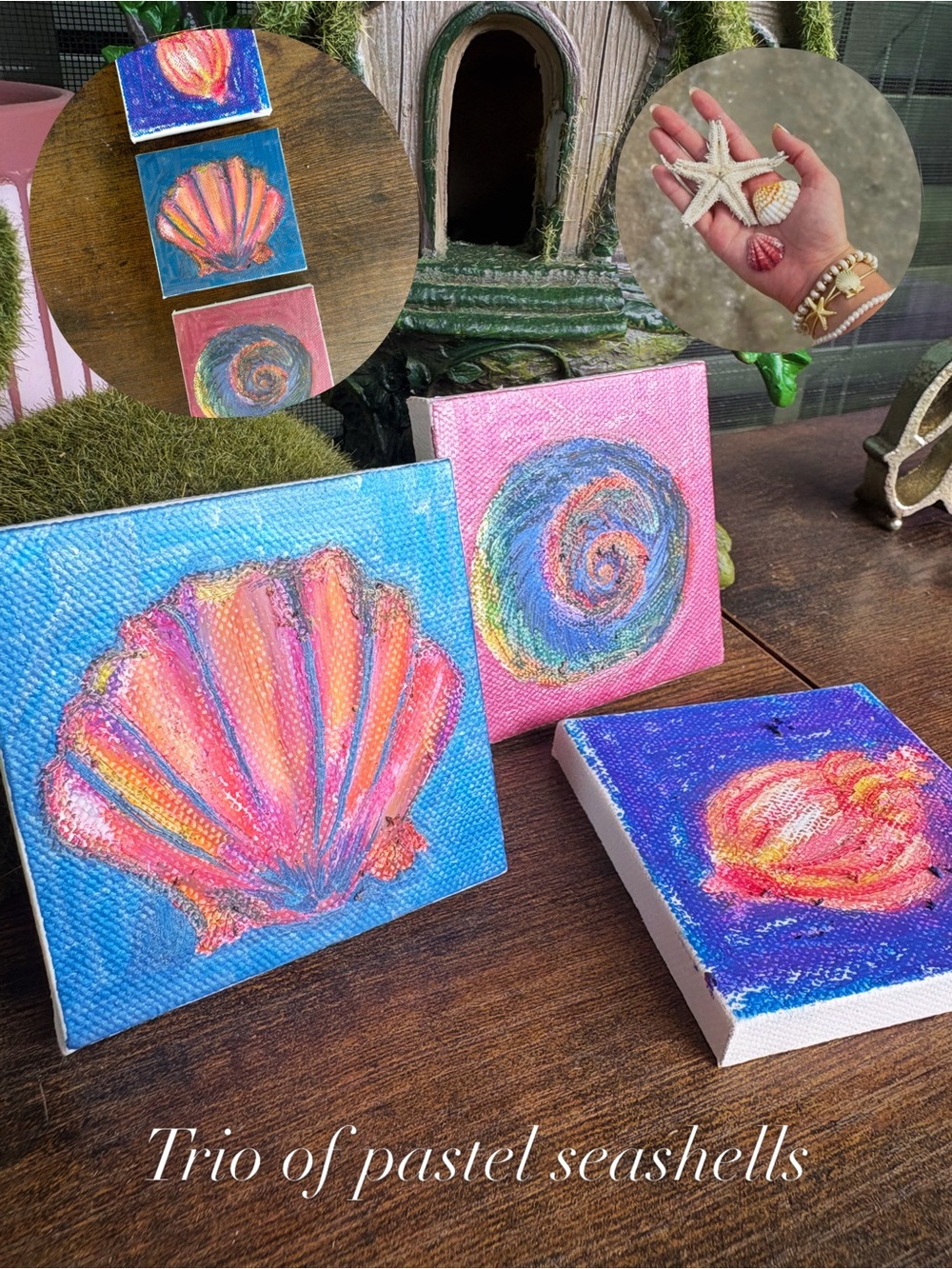 Hand-Painted Pastel Seashell Trio Canvas Set - Pink & Blue
